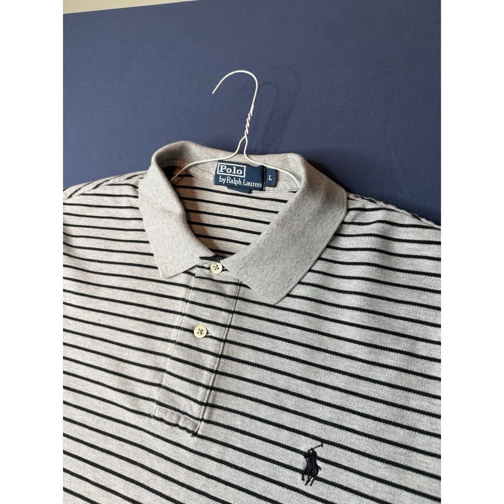 Vintage Polo Ralph Lauren Mens Large Gray Black Striped Cotton Polo Shirt Pony - Picture 2 of 5